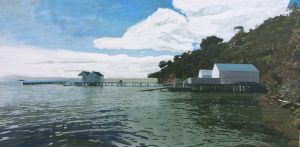 Rick Matear Morning Sheds Pier Clouds and Sky acrylic on linen 97.5x183cm
