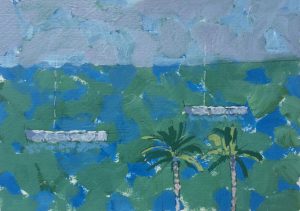 Rick Matear Palm Trees and Fishing Boats acrylic on paper 20x15cm sold