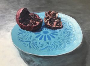 Rick Matear Pomegranate on Plate oil on linen 36x51cm 2017 $1,500
